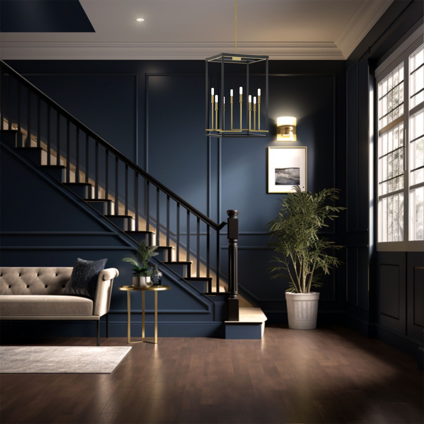 Minka-Lavery Union Estates 8-Light Black and Soft Brass Pendant in scene