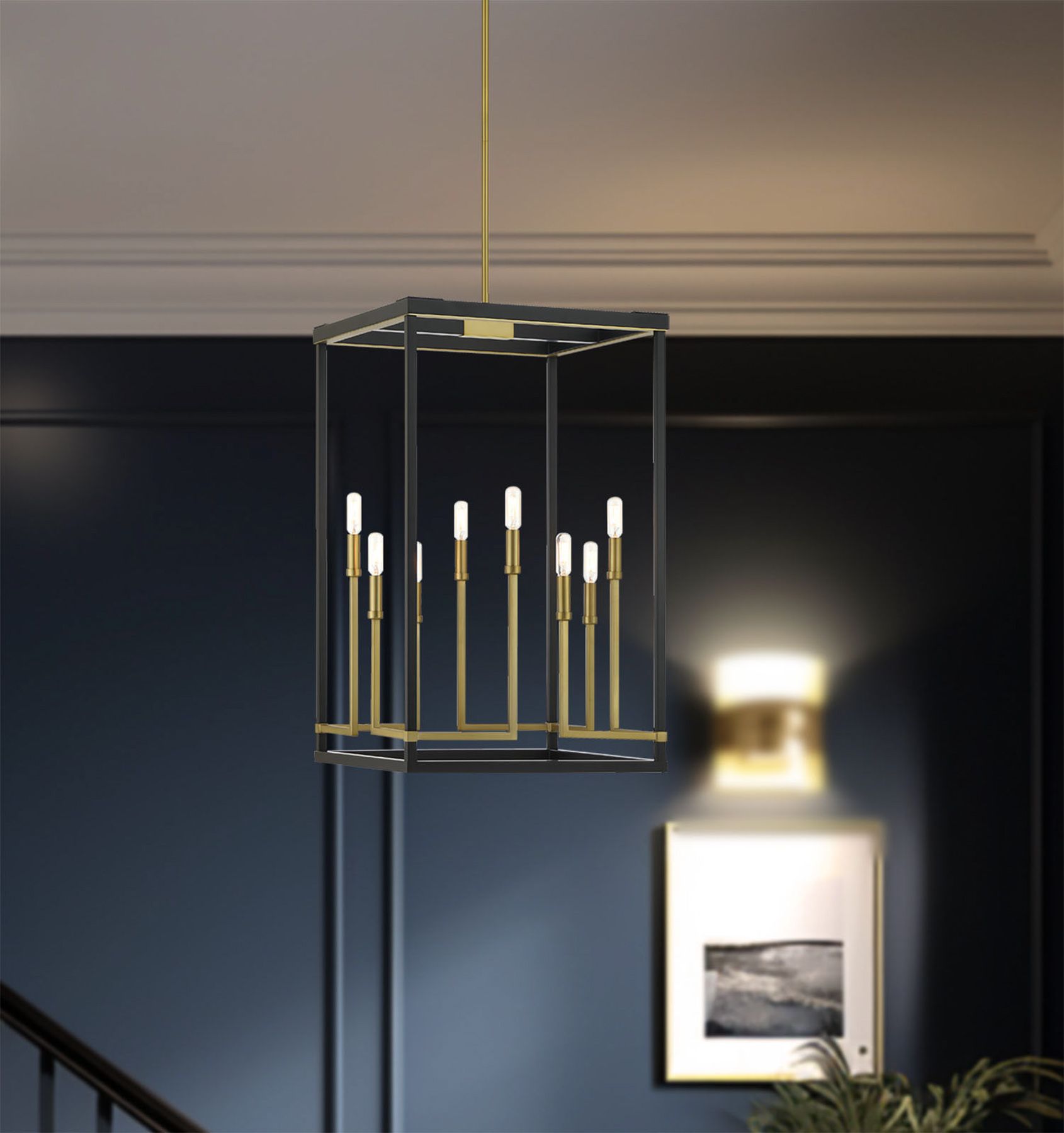 Minka-Lavery Union Estates 8-Light Black and Soft Brass Pendant in scene