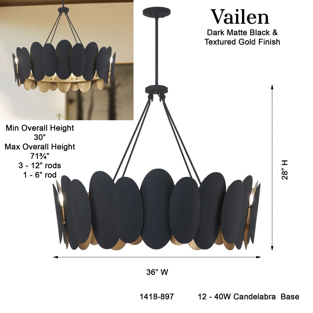Minka-Lavery Vailen 12-Light Dark Matte Black and Textured Gold Pendant