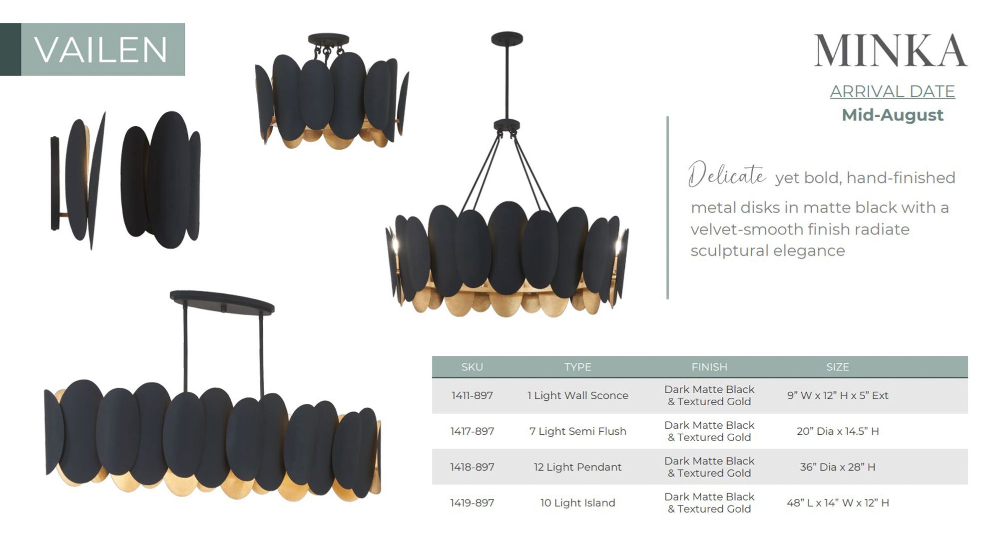 Minka-Lavery Vailen 12-Light Dark Matte Black and Textured Gold Pendant