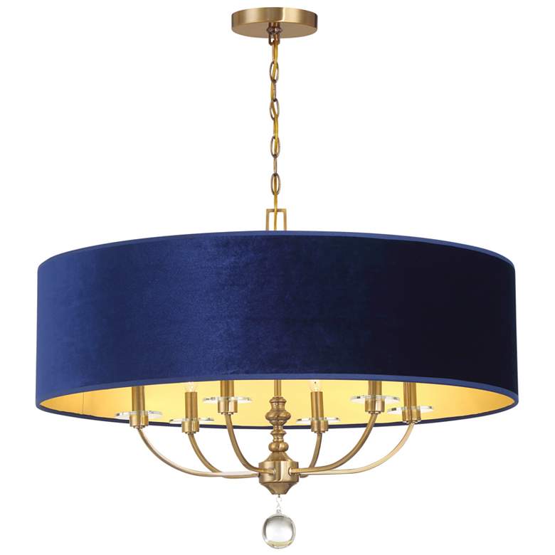 Image 2 Minka Lavery Van Noord 6-Light 32-in Brass Pendant with Blue Velvet Shade