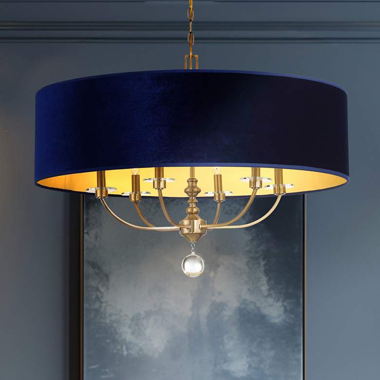 Image 1 Minka Lavery Van Noord 6-Light 32-in Brass Pendant with Blue Velvet Shade