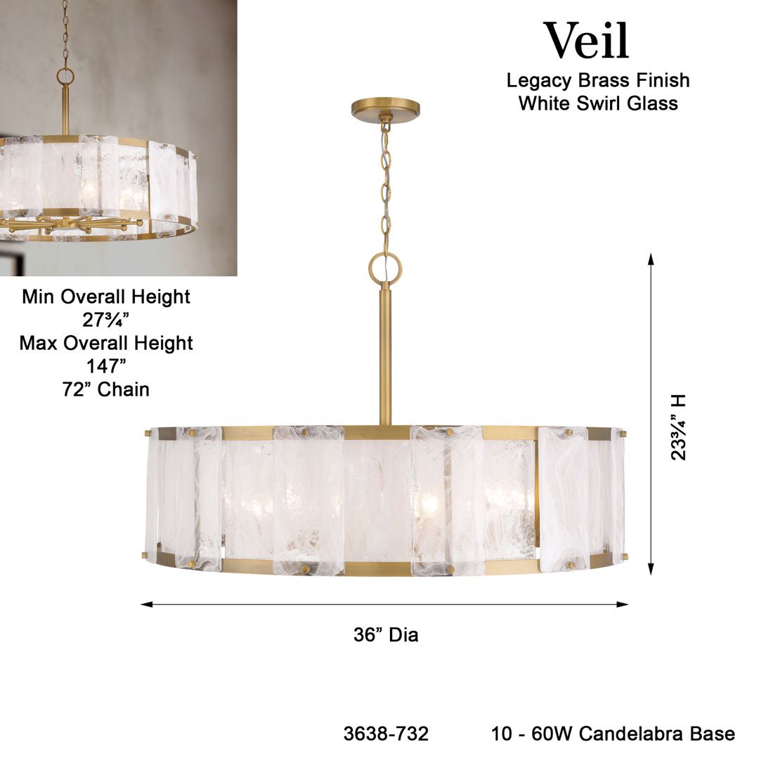 Minka-Lavery Veil 10-Light 36-in Legacy Brass Pendant with Glass Shade