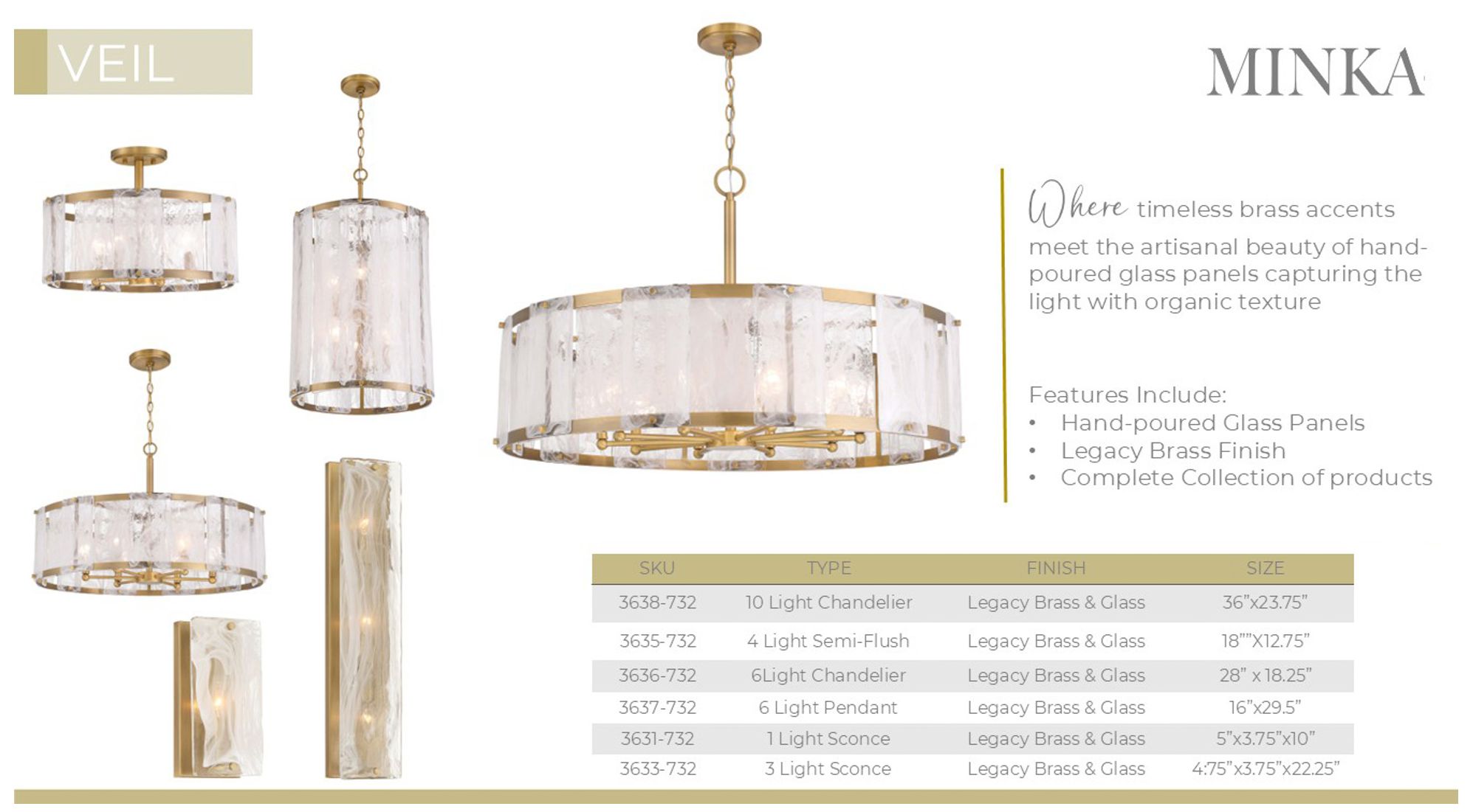 Minka-Lavery Veil 10-Light 36-in Legacy Brass Pendant with Glass Shade