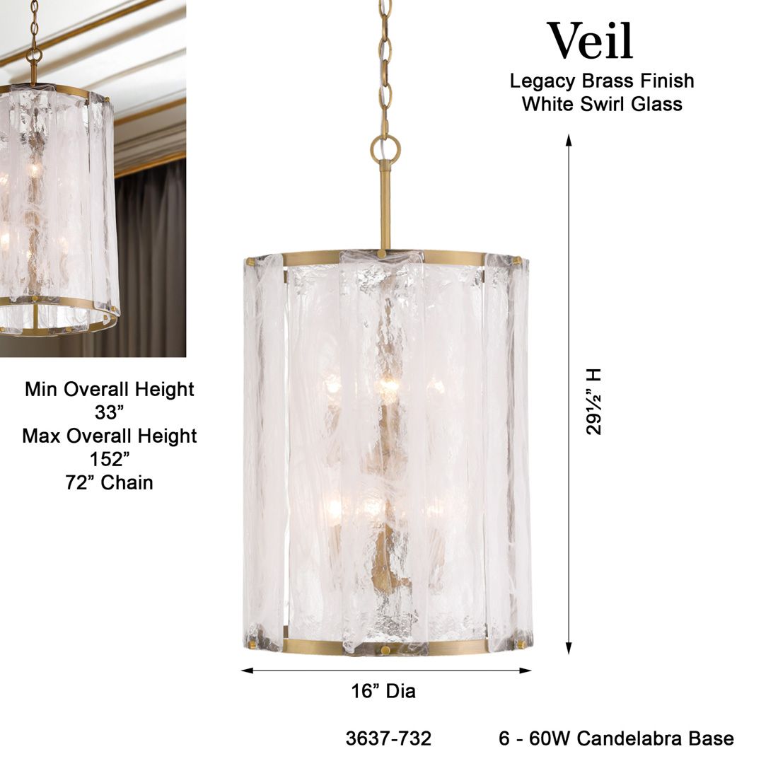 Minka-Lavery Veil 6-Light 16-in Legacy Brass Pendant with Swirl Glass Shade
