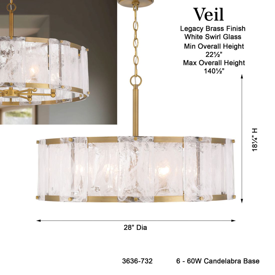 Minka-Lavery Veil 6-Light 28-in Legacy Brass Indoor Pendant