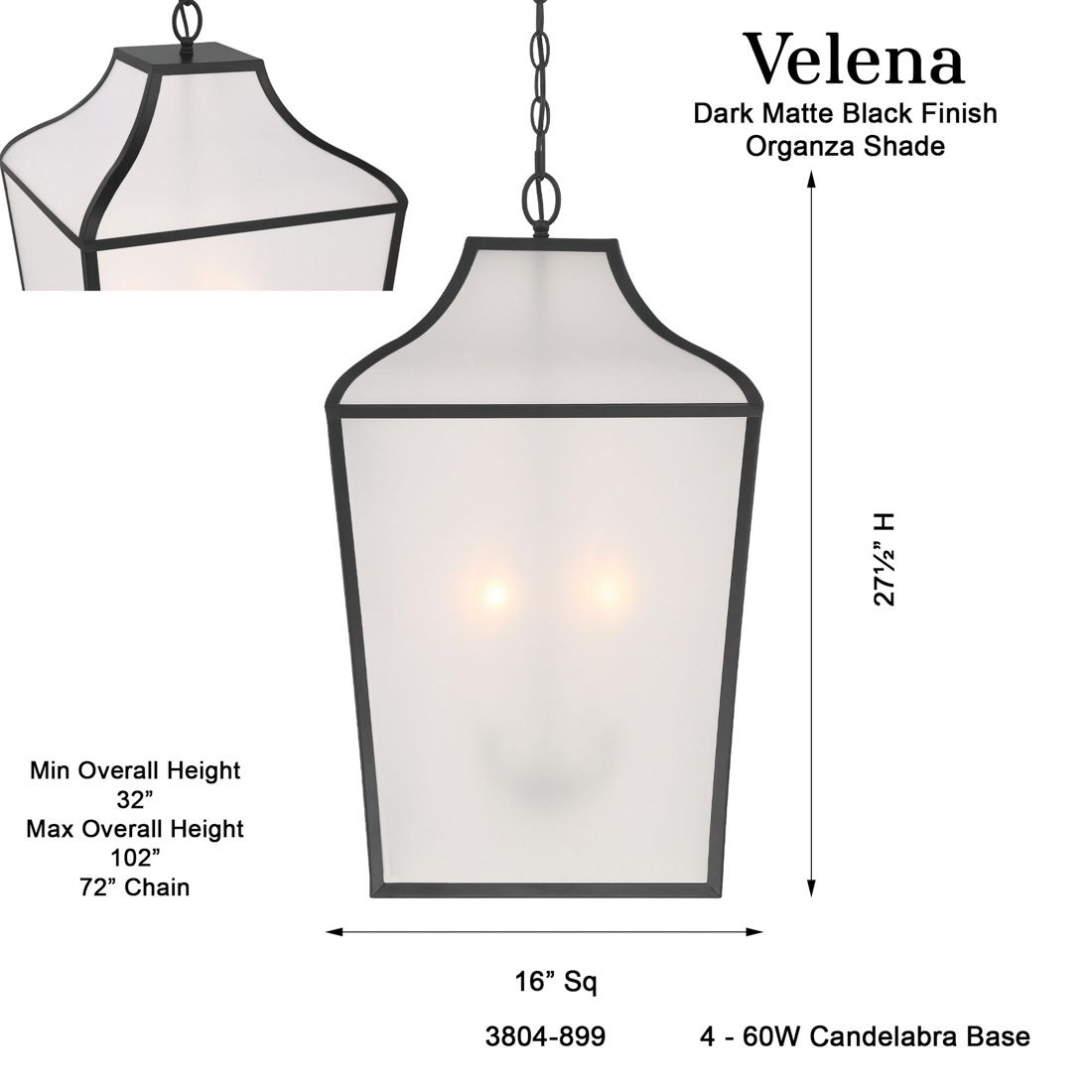 Minka-Lavery Velena 4-Lt 16-in Dark Matte Black Pendant with Organza Shade