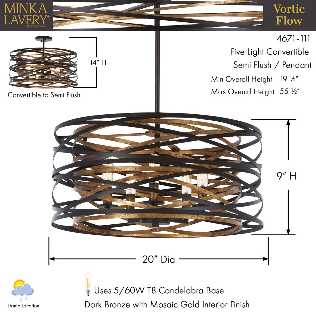 Minka-Lavery Vortic Flow 5-Light Dark Bronze Semi-Flush to Pendant