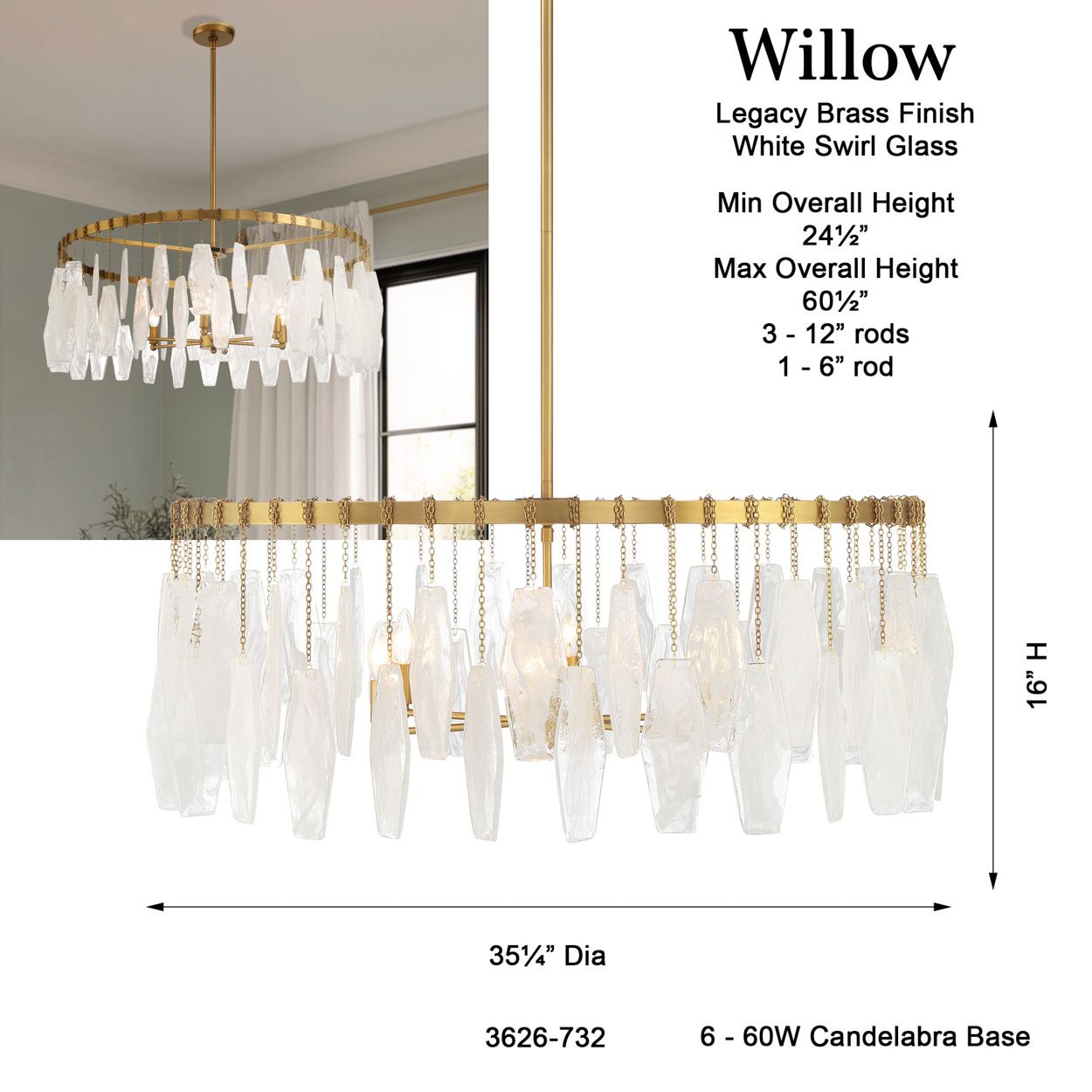 Minka-Lavery Willow 6-Light 35.25-in Legacy Brass Pendant with Glass Shade