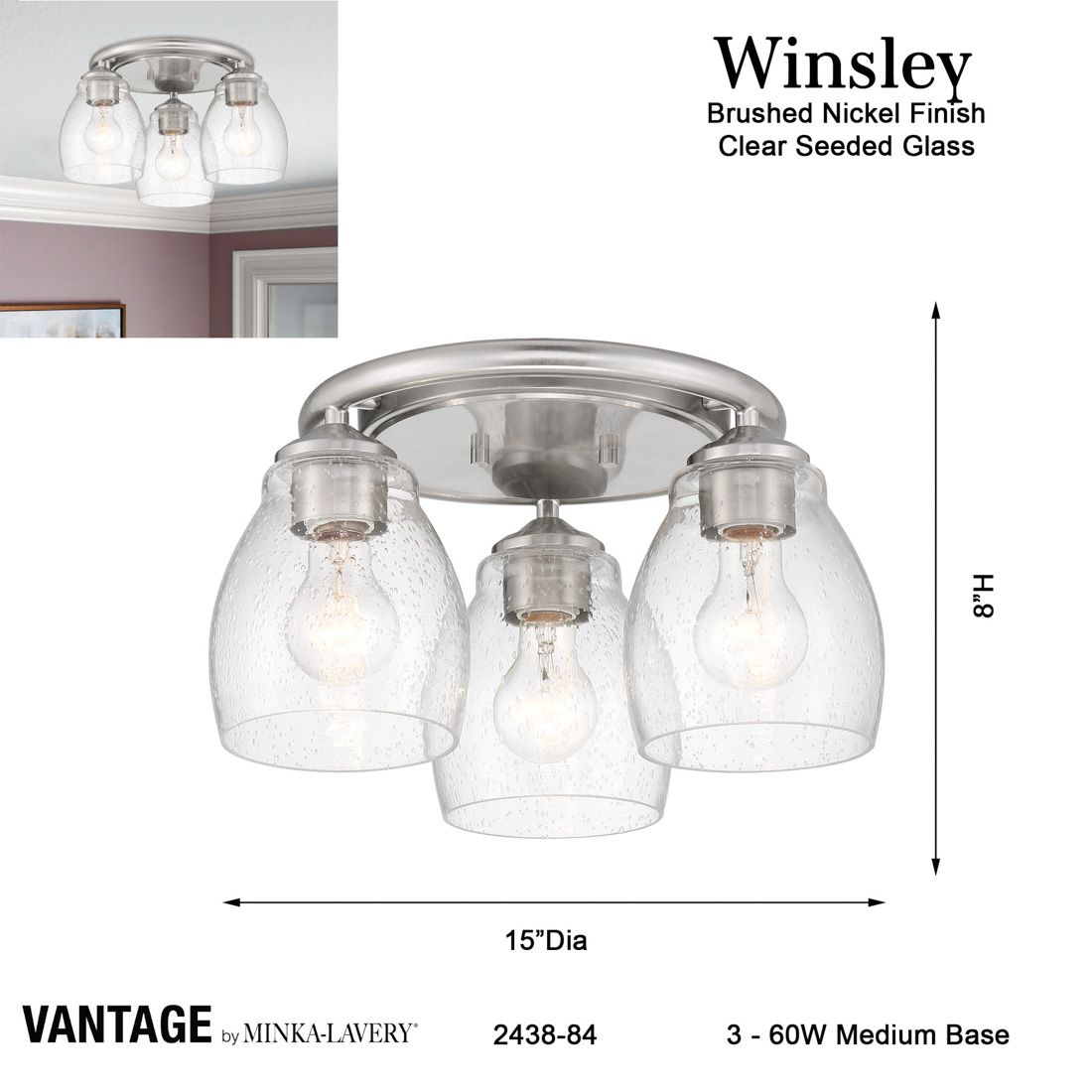 Minka-Lavery Winsley 3-Light Brushed Nickel Flush Mount with Clear Shades