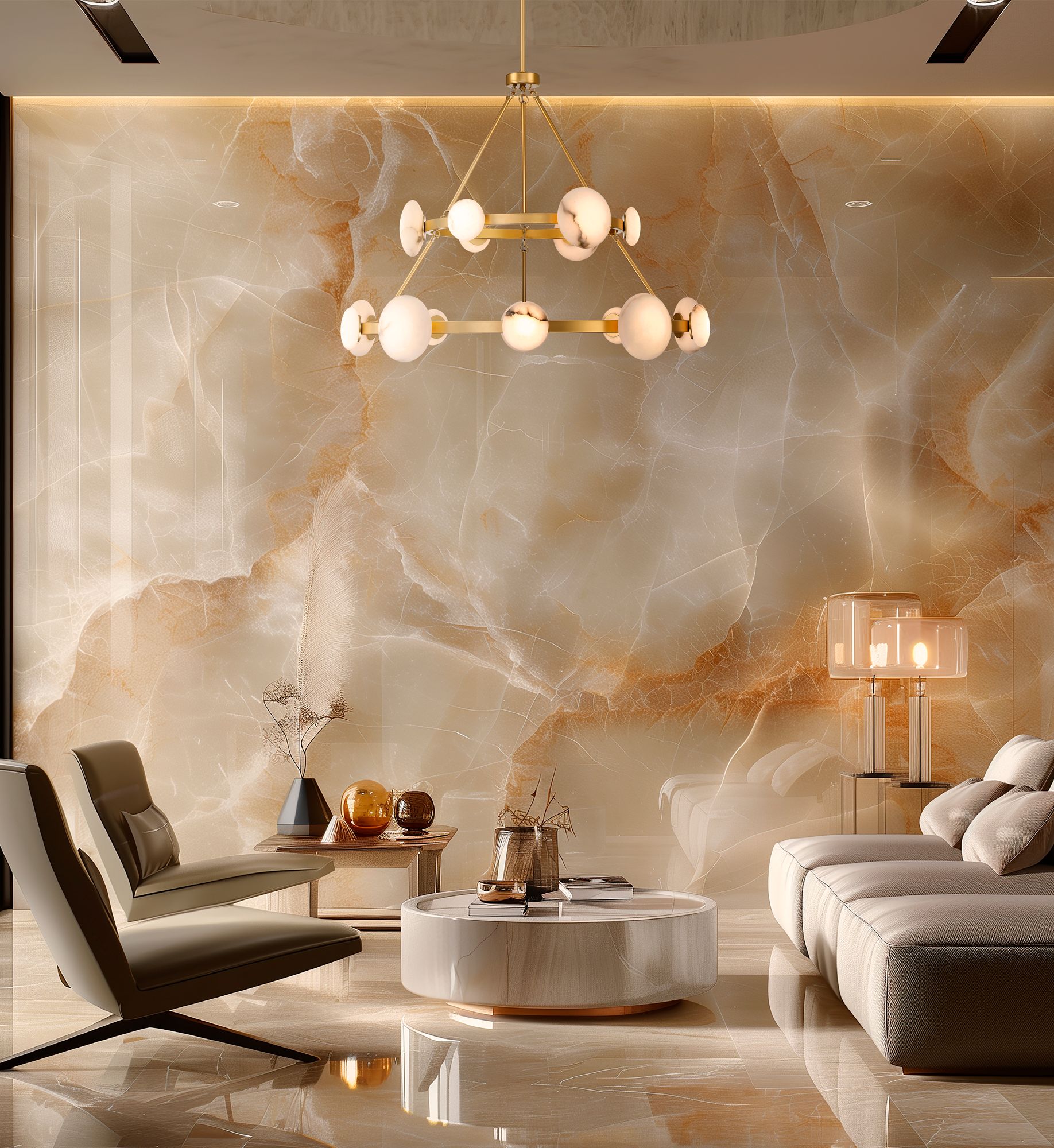 Minka Lavery Zill LED 42-in Gold Chandelier with Alabaster Shades