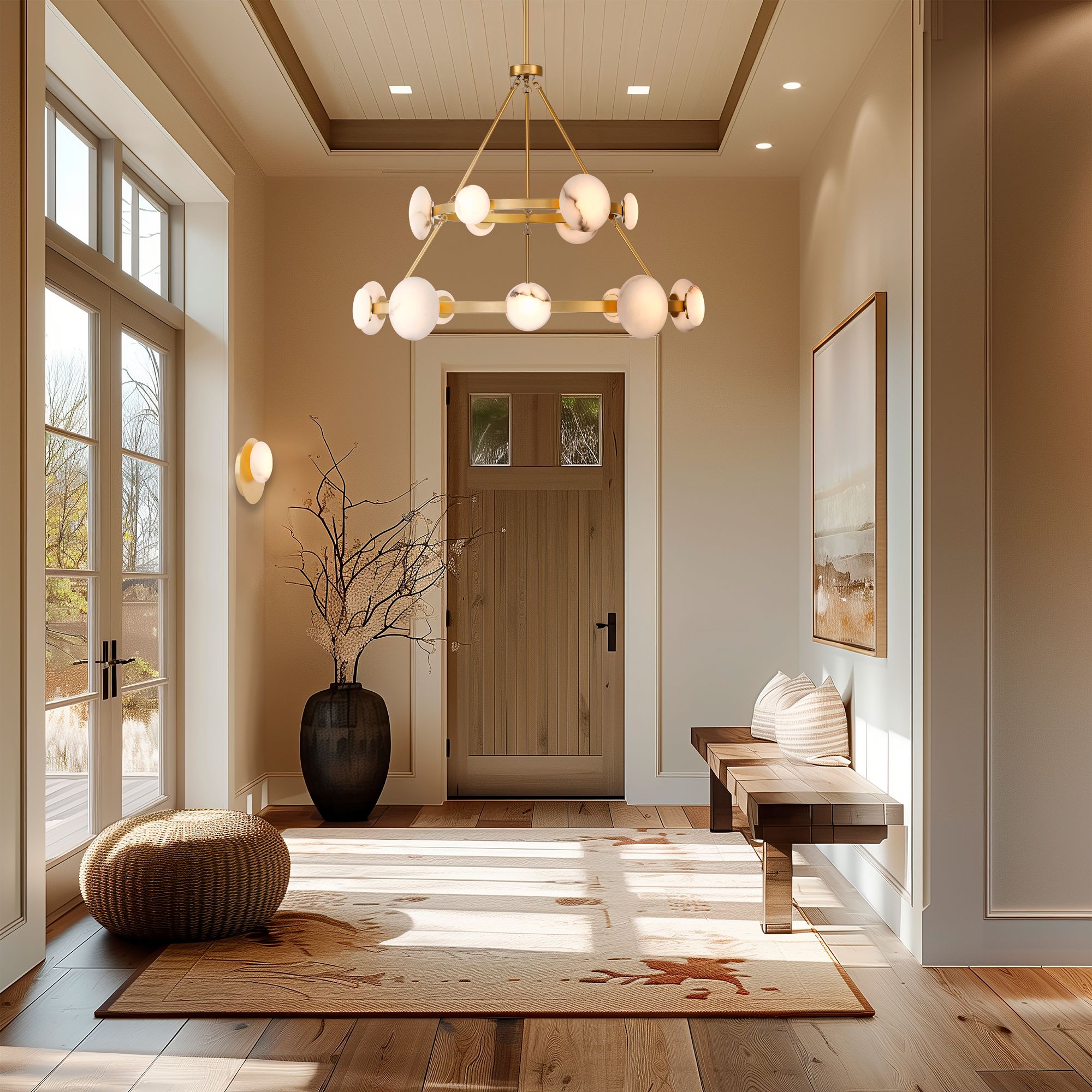 Minka Lavery Zill LED 42-in Gold Chandelier with Alabaster Shades