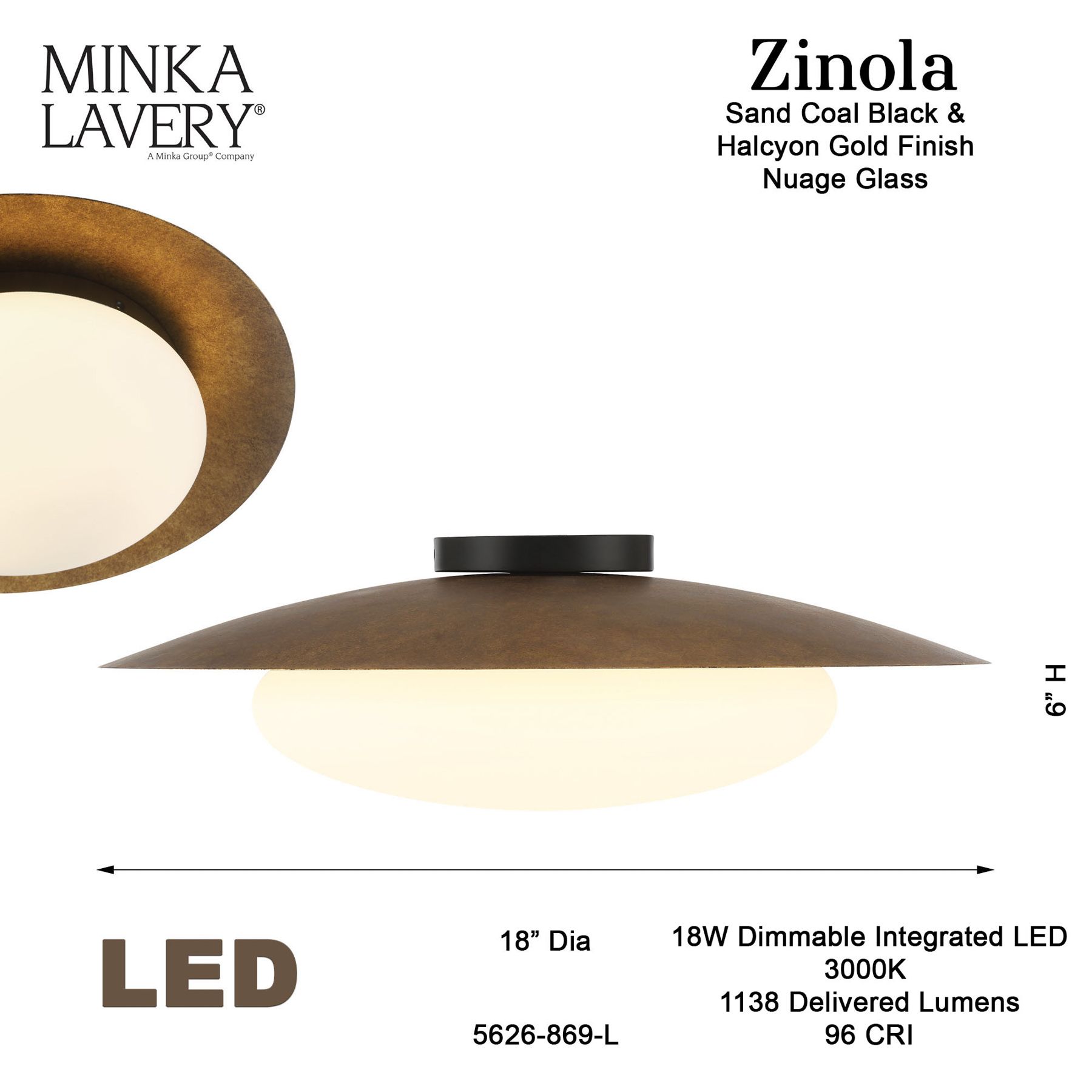 Minka-Lavery Zinola 1-Light LED Sand Black and Halcyon Gold Flush Mount