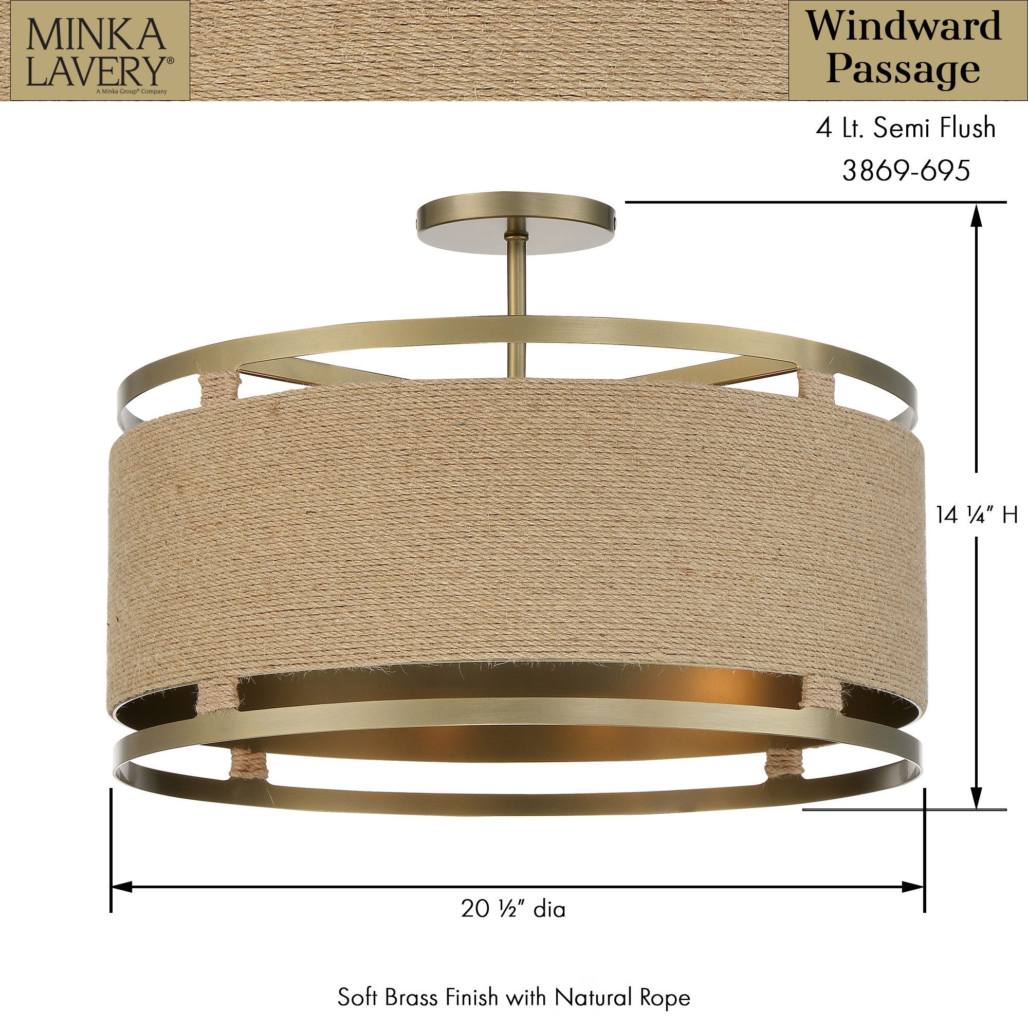 Minka Windward Passage 20 1/2 Soft Brass and Natural Rope Ceiling Light