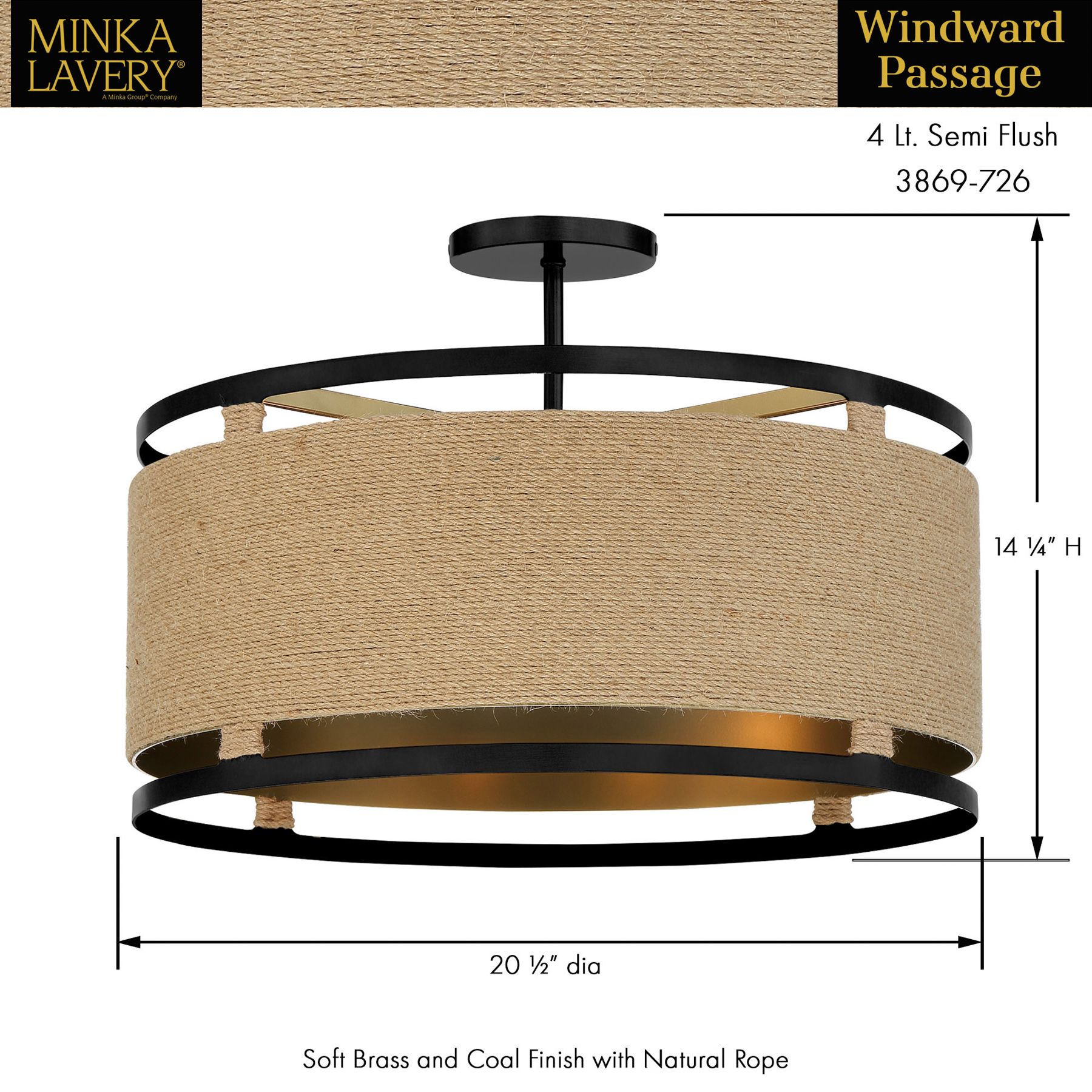 Minka Windward Passage 20 1/2 Wide Coal and Natural Rope Ceiling Light