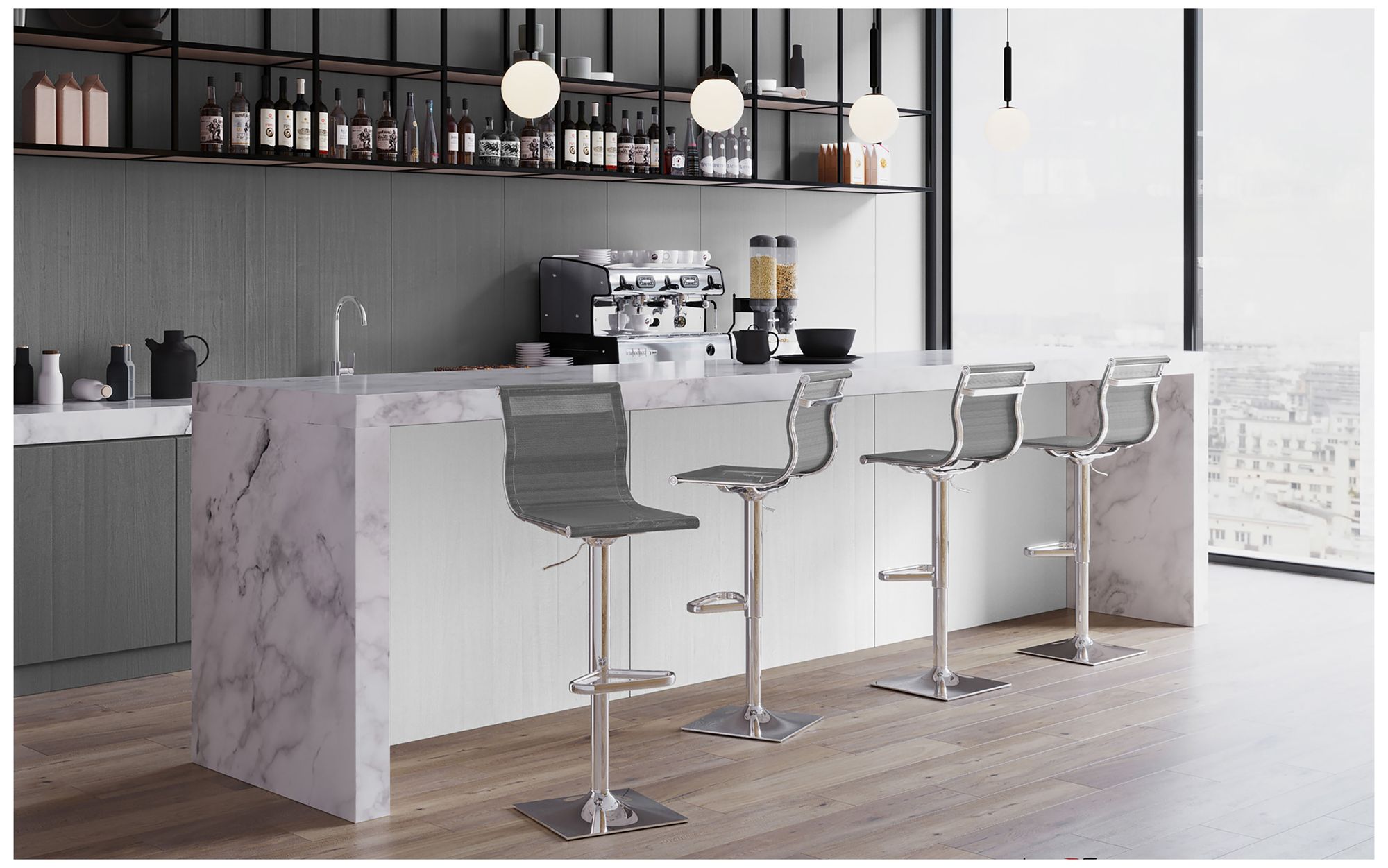 Mirage Contemporary Adjustable Barstool with Swivel in Silver by LumiSource