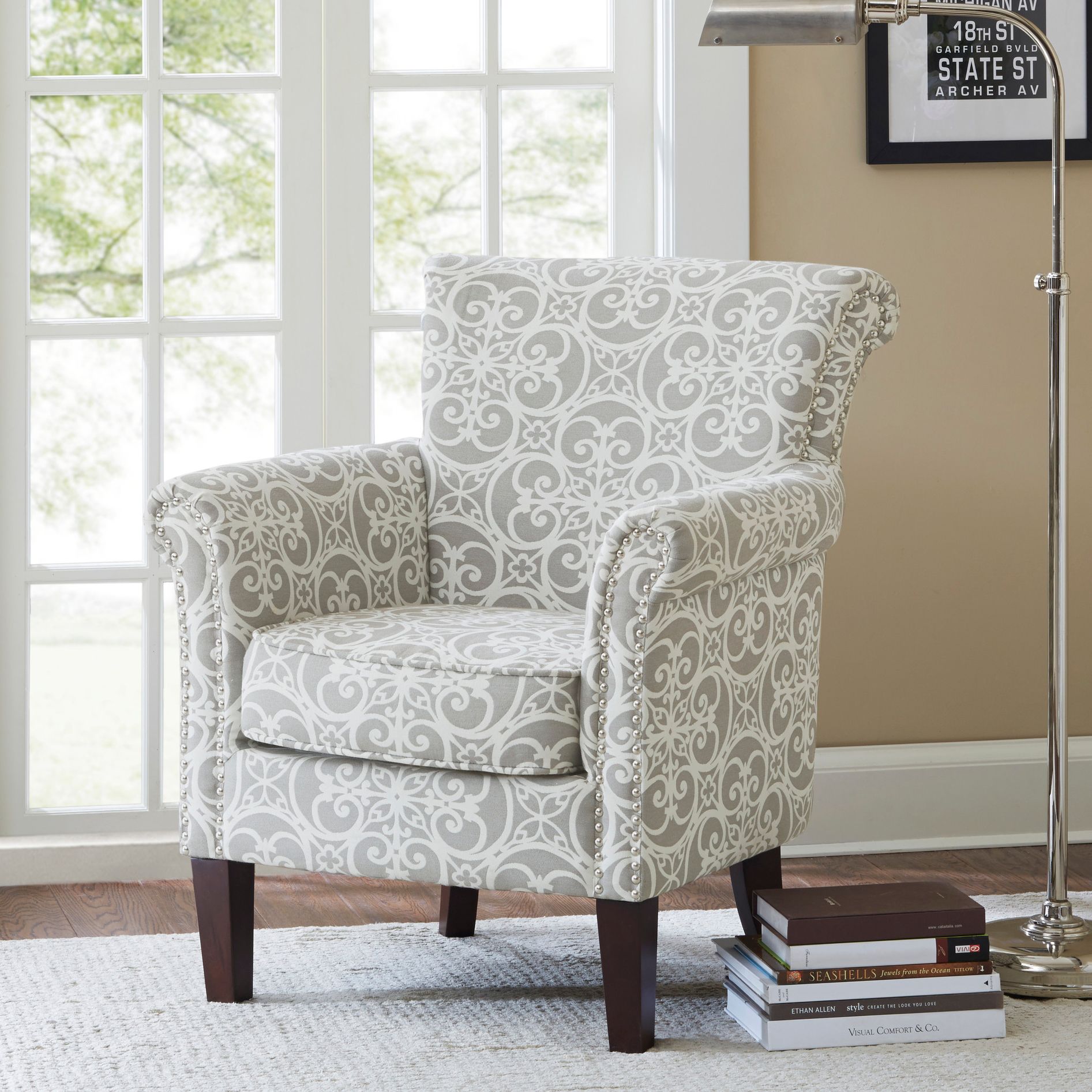 gray patterned armchair