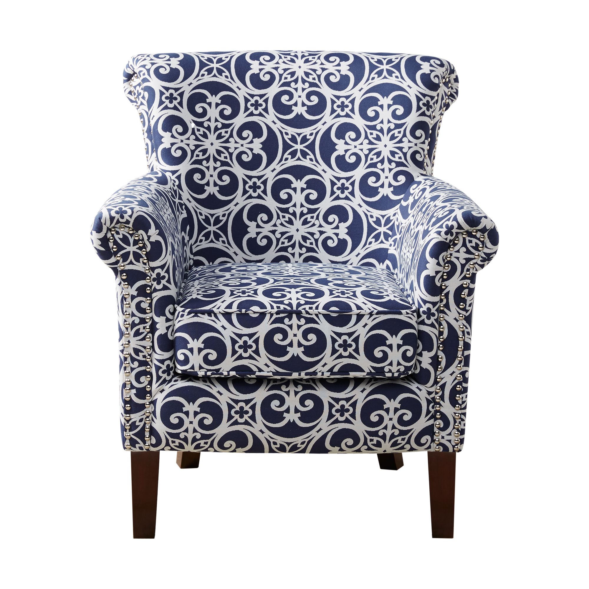 navy blue patterned armchair