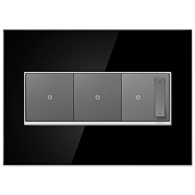 Image 1 Mirror Black 3-Gang Metal Wall Plate with 2 Switches and Dimmer