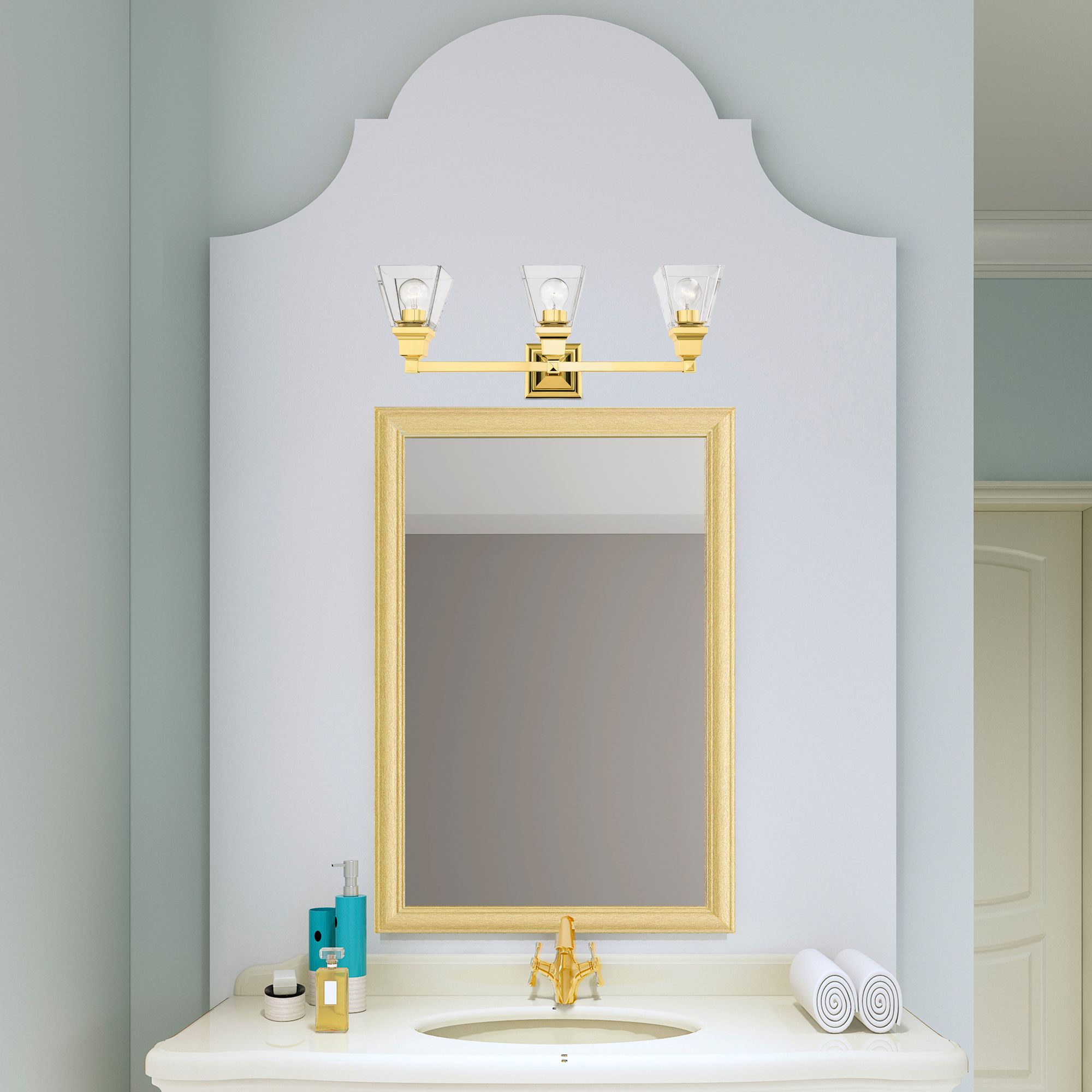 Mission 25 1/4" Wide Polished Brass 3-Light Bath Light in scene