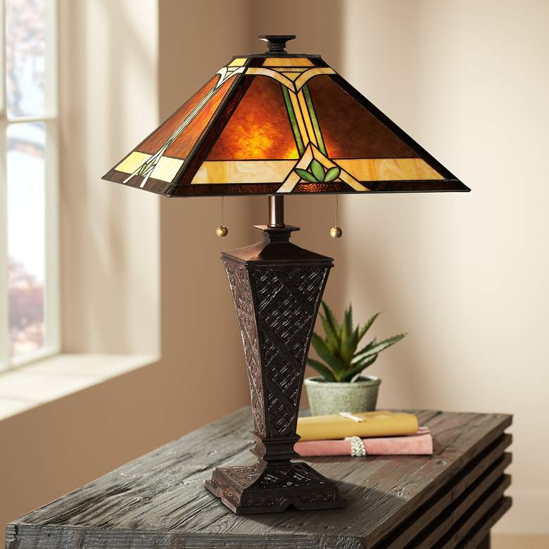 Image 1 Mission Faux Wicker Tiffany-Style Table Lamp
