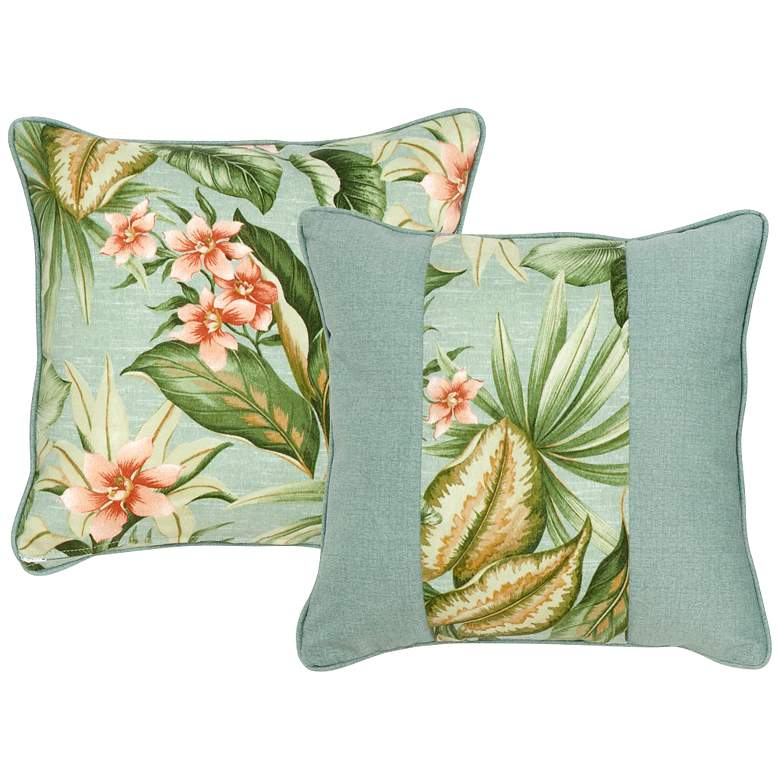 Image 1 Mist Blue and Green Floral 18 inch Square Indoor-Outdoor Pillow