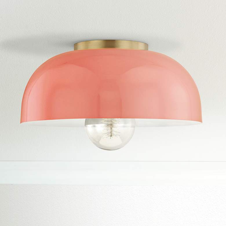 Image 1 Mitzi Avery 14 inch Wide Aged Brass Ceiling Light w/ Pink Shade