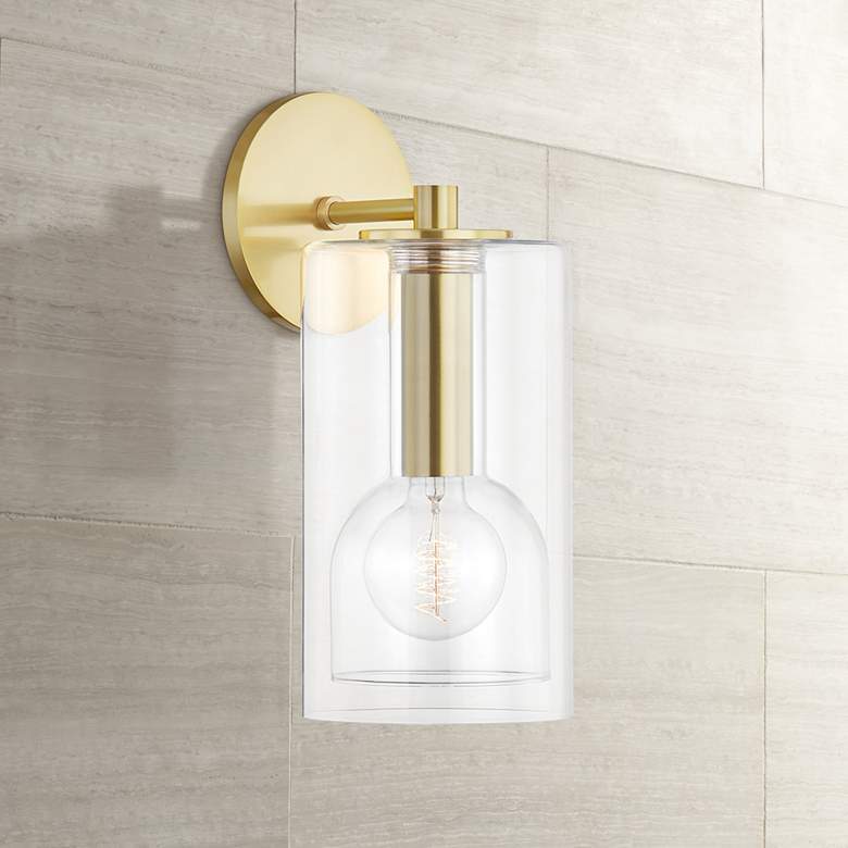 Image 1 Mitzi Belinda 14 inchH Aged Brass and Clear Glass Wall Sconce