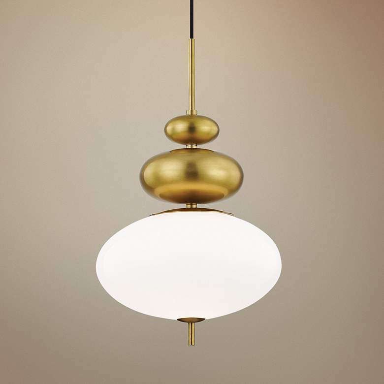 Image 1 Mitzi Elsie 13 inch Wide Aged Brass and Opal Glass Modern Pendant Light