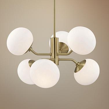 Mitzi Estee 28" Wide Aged Brass White Glass Modern 6-Light Chandelier