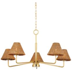 Mitzi Issa 40" Wide Aged Brass and Rattan 5-Light Chandelier