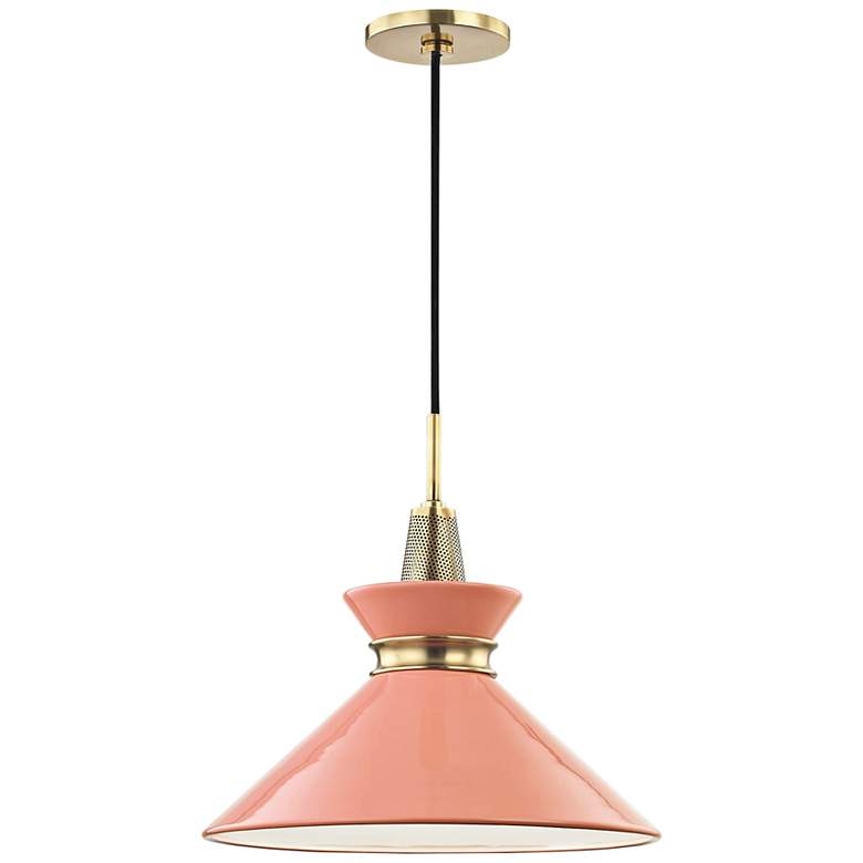 Image 2 Mitzi Kiki 14 inch Wide Aged Brass Pendant Light w/ Pink Shade