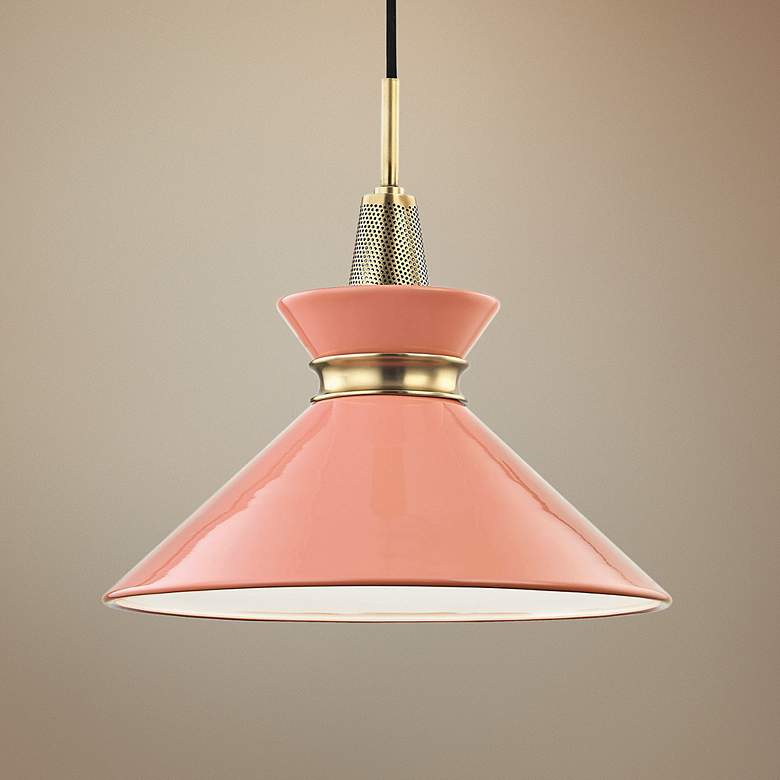 Image 1 Mitzi Kiki 14 inch Wide Aged Brass Pendant Light w/ Pink Shade