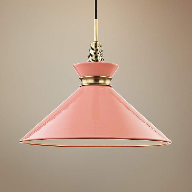 Image 1 Mitzi Kiki 18" Wide Aged Brass Pendant Light w/ Pink Shade