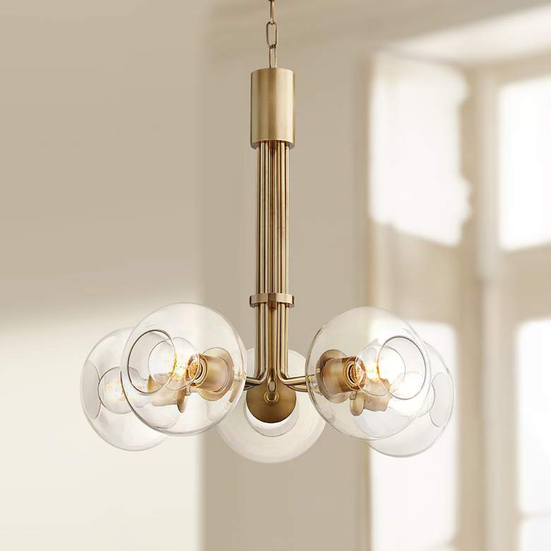 Image 1 Mitzi Margot 25 inch Wide Aged Brass w/ Glass 5-Light Chandelier