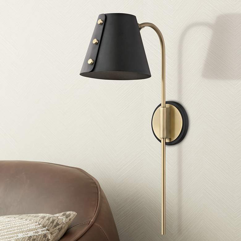 Image 1 Mitzi Meta Aged Brass and Black LED Swing Arm Wall Lamp