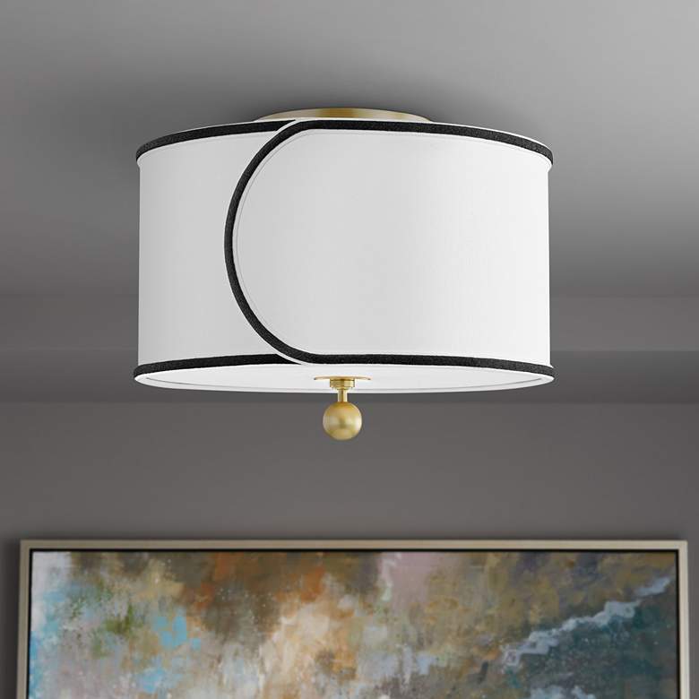Image 1 Mitzi Zara 14 inchW Aged Brass Ceiling Light w/ Linen Drum Shade