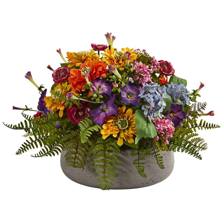 Image 1 Mixed Floral 14"W Artificial Arrangement in Stone Planter