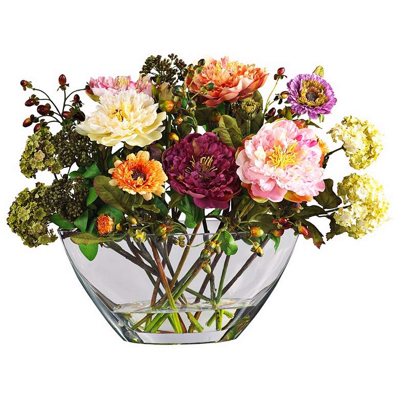 Image 1 Mixed Peony 18"W Faux Floral Bouquet in a Clear Glass Vase