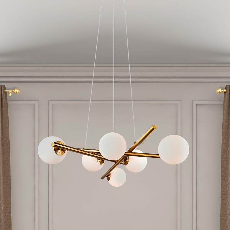 Image 1 Modena 28"W 6-Light Plated Brushed Brass Chandelier w/ White Glass Sha
