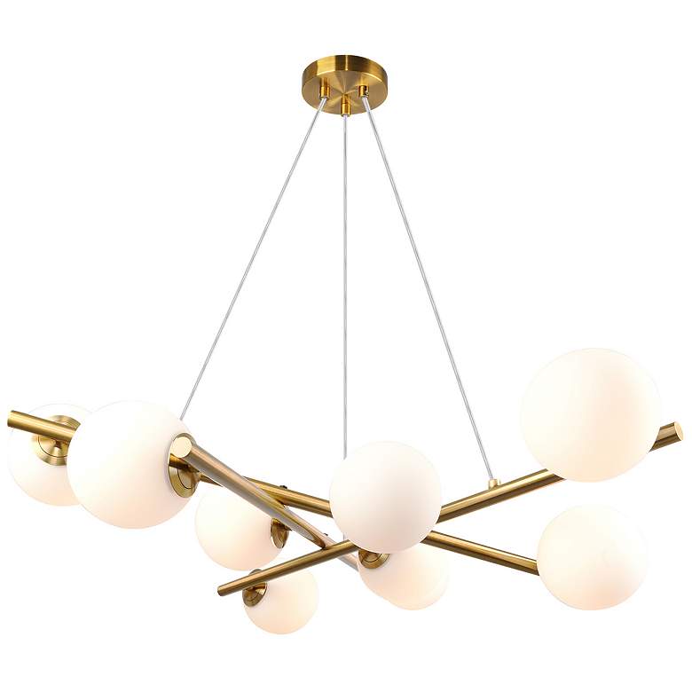 Image 1 Modena 31"W 9-Light Plated Brushed Brass Chandelier w/ White Glass Sha