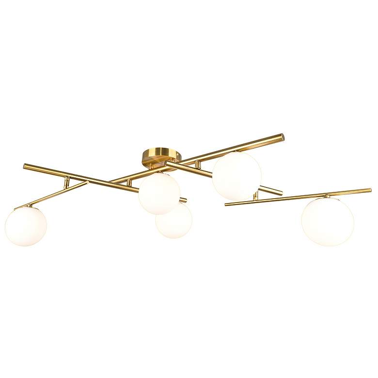 Image 1 Modena 34.5"W 5-Light Plated Brushed Brass Semi-Flush w/ White Glass S
