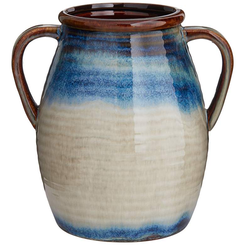 Image 1 Modern 8 1/2" High Blue Multi-Color 2-Handle Ceramic Vase