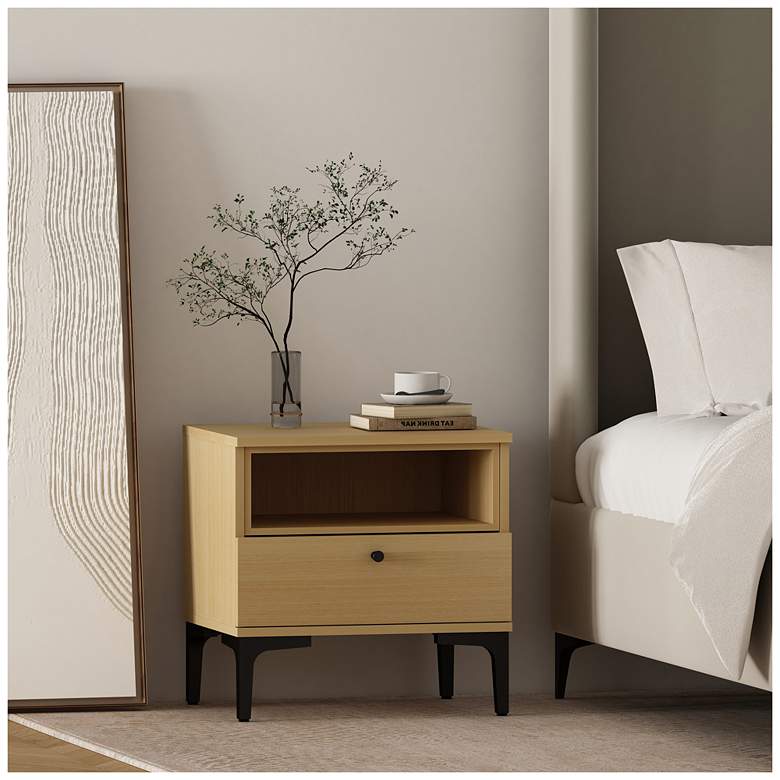 Image 1 Modern Amara Nightstand with 1 Full Extension Drawer and Metal Legs in Oak