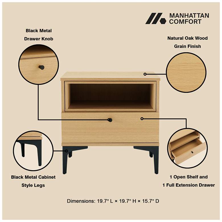 Image 4 Modern Amara Nightstand with 1 Full Extension Drawer and Metal Legs in Oak more views