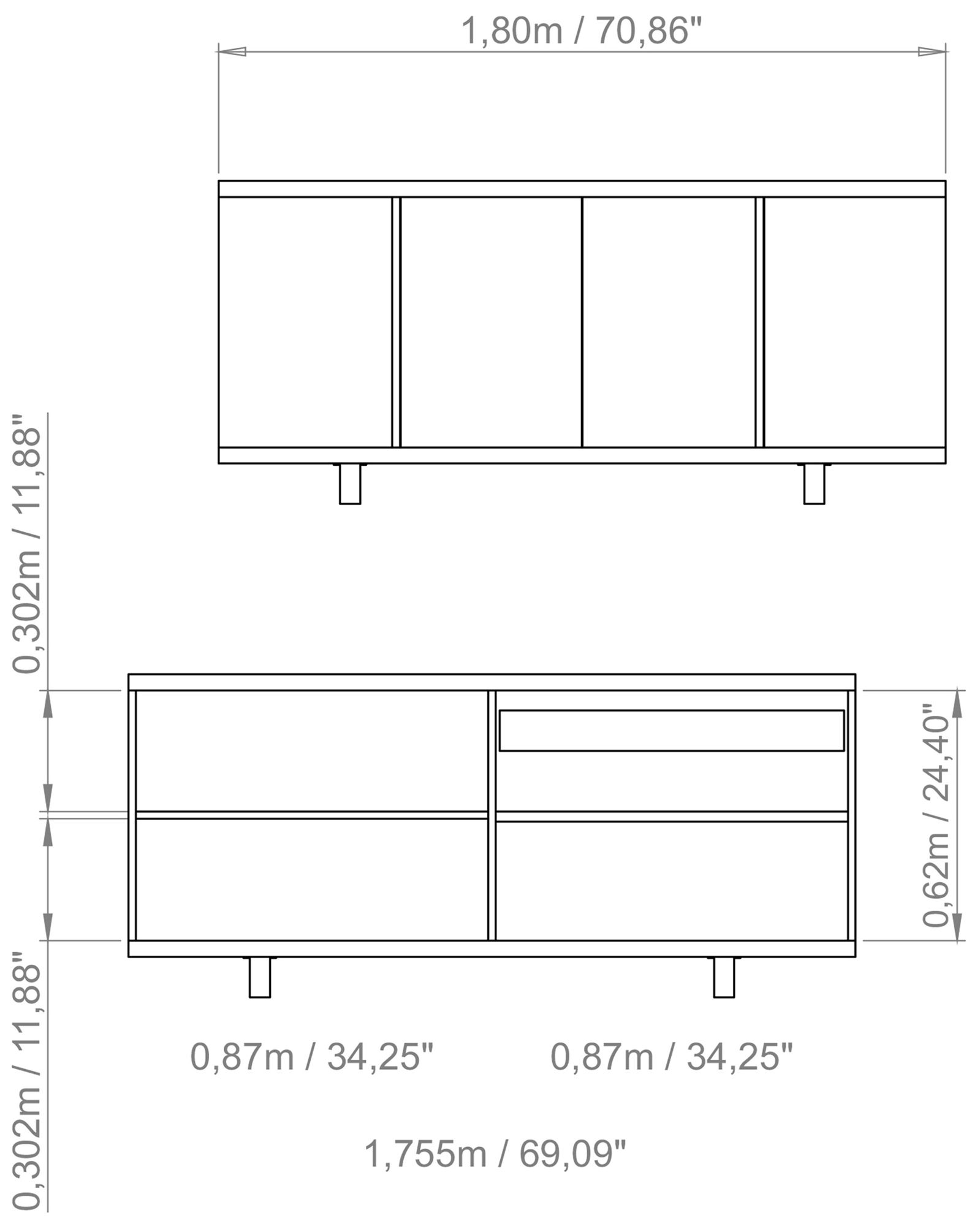 Modern Brazilian 71" Wide Black, Nogal Buffet