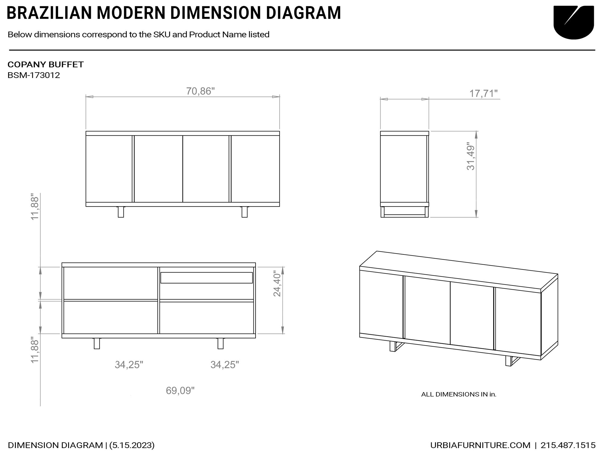 Image 6 Modern Brazilian 71" Wide Off White, Nogal Buffet more views