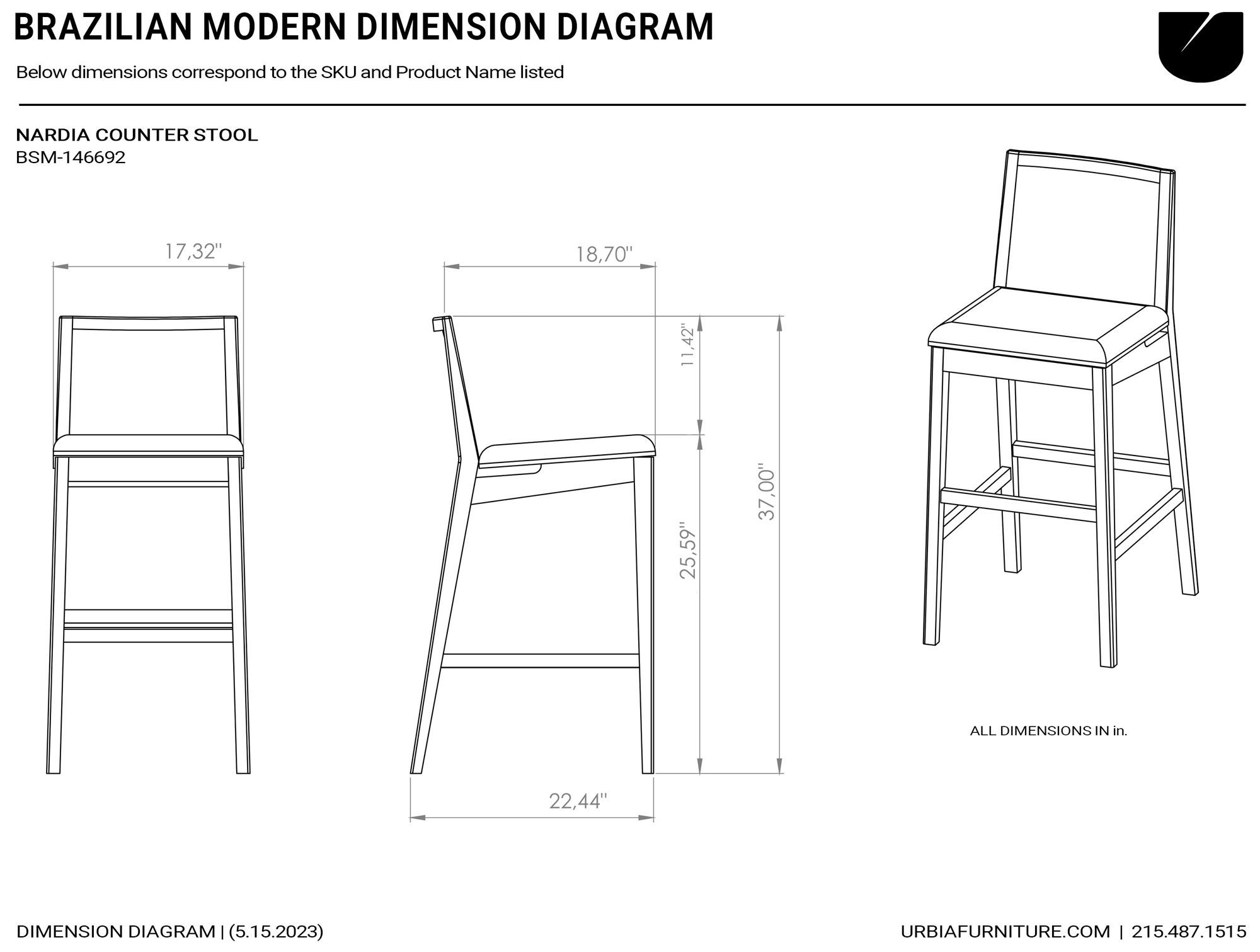 Modern Brazilian Nardia 17.5" Wide Medley Ivory Counter Stool Nogal Frame