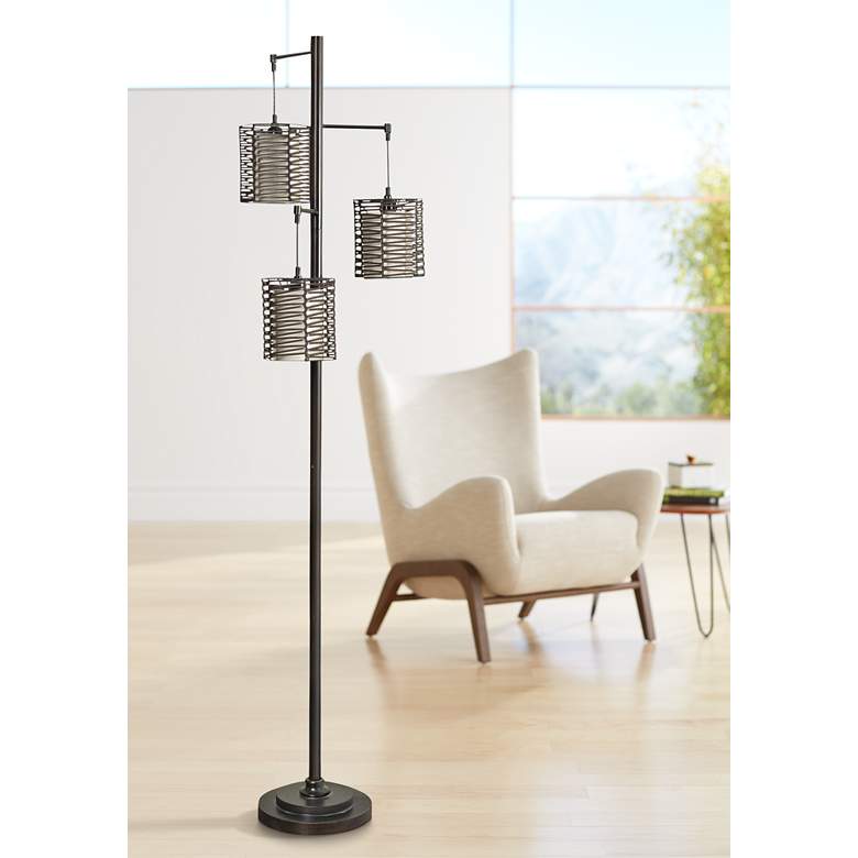 Image 1 Modern Coastal 72" High 3-Light Bronze and Rattan Floor Lamp