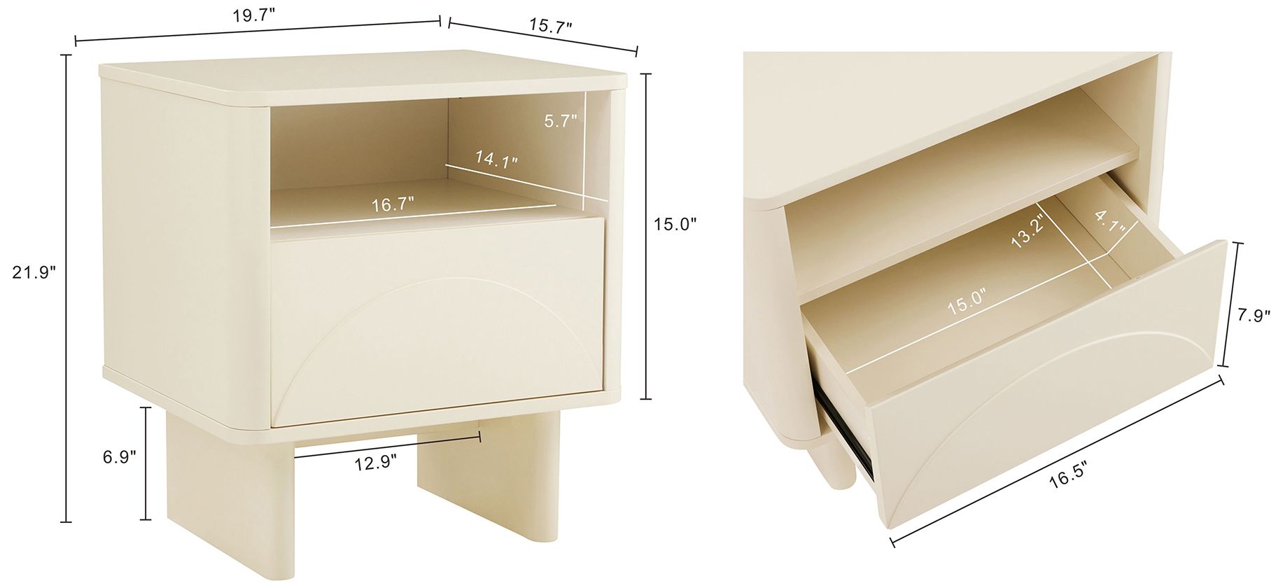 Image 3 Modern Ella Nightstand with 1 Full Extension Drawer in Cream- Set of 2 more views